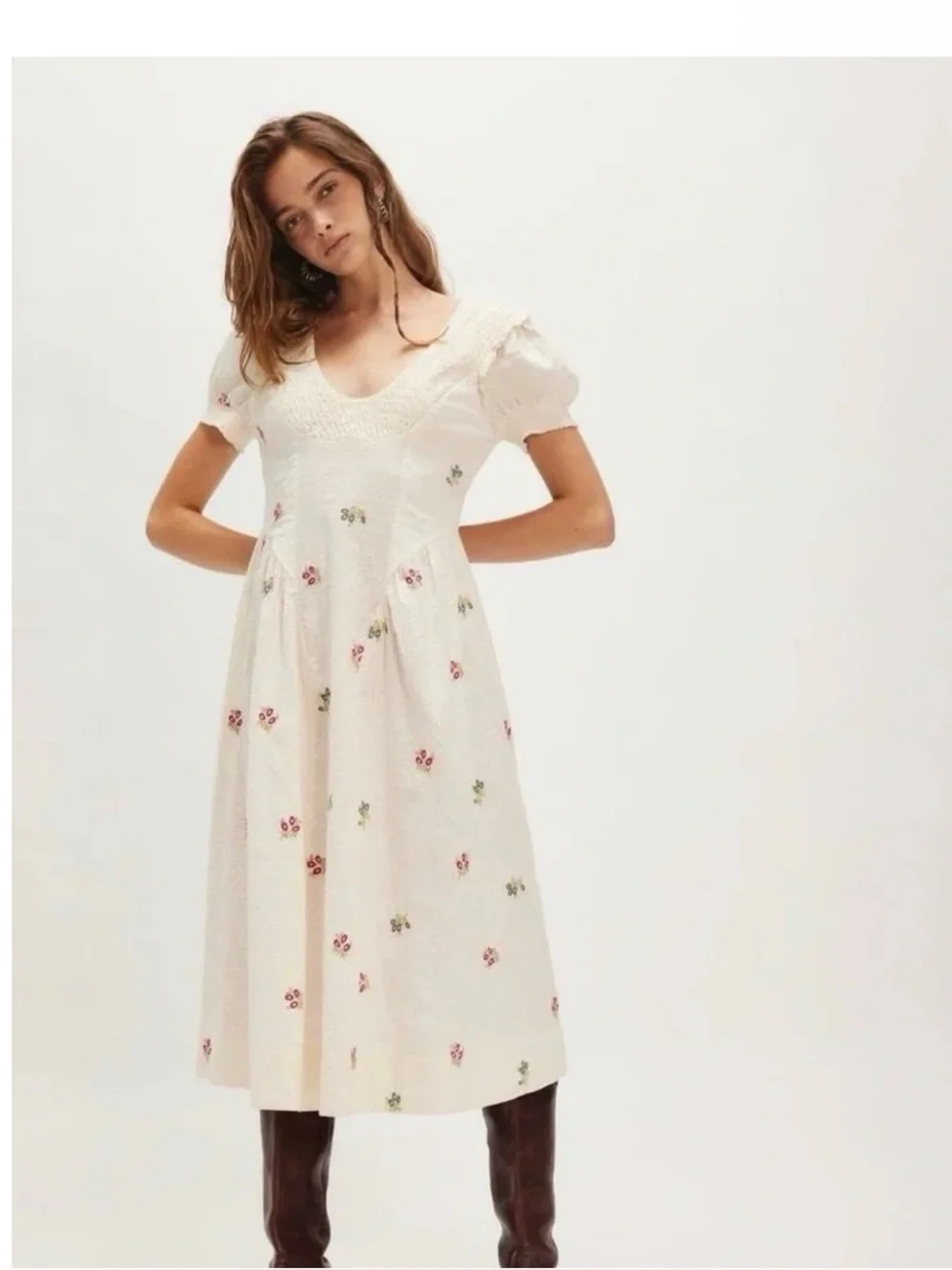 BMWT Free People Cream Floral Embroidered Puff-Sleeve Midi Dress - Picture 2 of 5